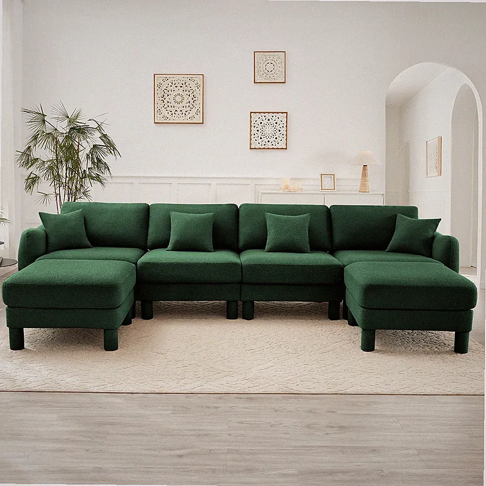 Green Boucle Fabric U-Shape Sectional Sofa w/ Ottomans, 4-Seater, Modern