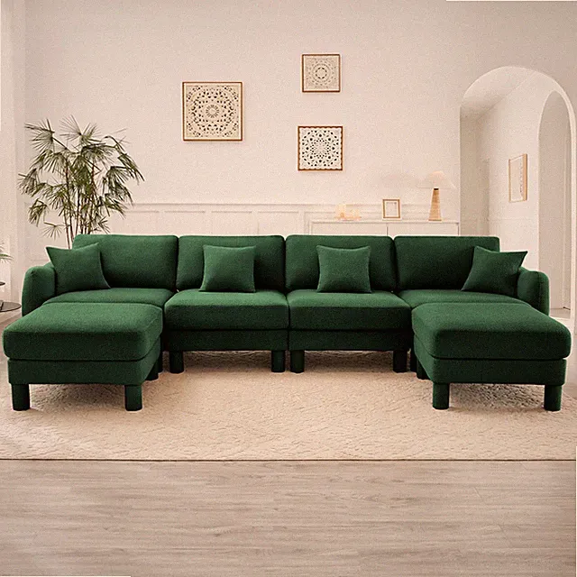 Green Boucle Sectional Sofa - U-Shape 4-Seater with 2 Ottomans & Shell Arms