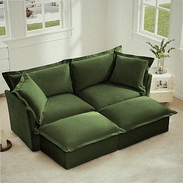 Green Chenille 2-Seat Sleeper Sofa w/ 2 Ottomans, Convertible Living Room Couch