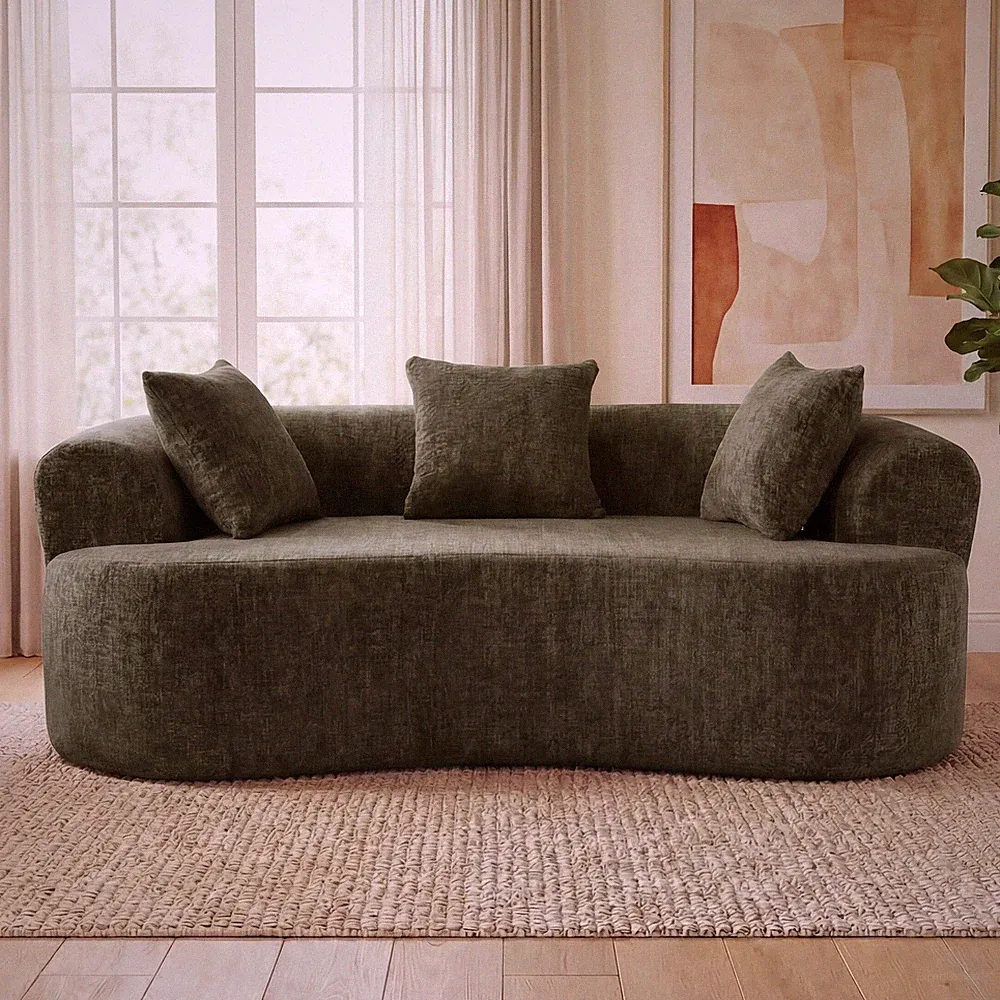 Green Chenille Crescent Sofa, 3-Seater Low-Back Sectional, No Assembly