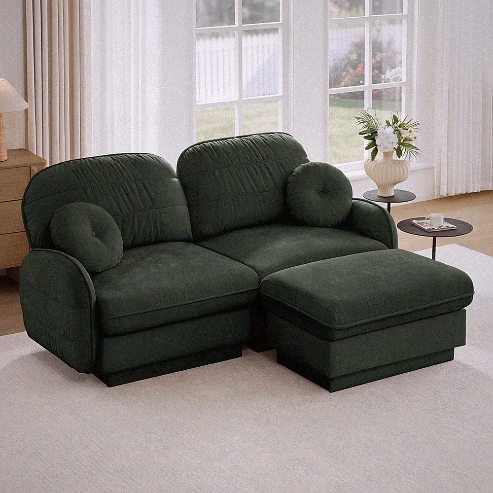 Green Chenille L-Shaped Sectional Loveseat Sofa w/ Moveable Ottoman & Cushions