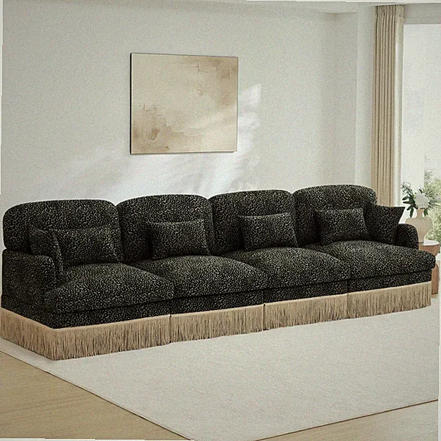 Green Chenille Leopard Print Sectional Sofa, 4-Seater Modular Couch w/ Tassels