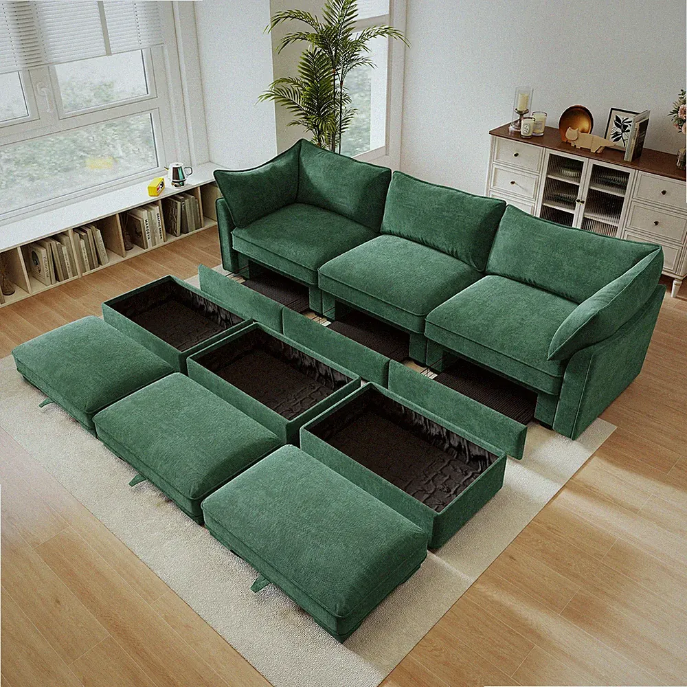 Green Chenille Modular Sleeper Sofa Sectional w/ Storage, 3-Seater