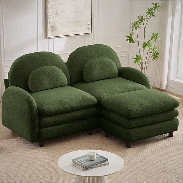 Green Cloud-Like Loveseat Sofa | Curved Backrest | Ottoman | Teddy Fabric