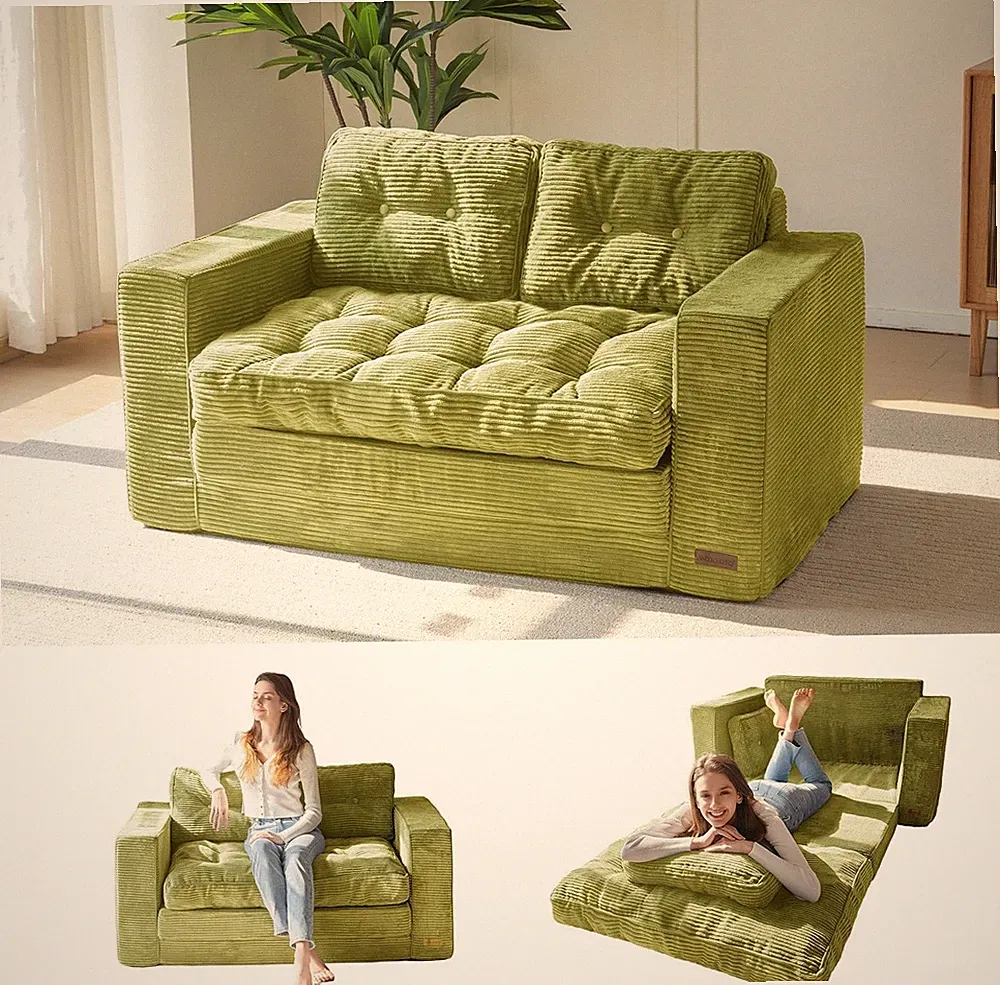 Green Convertible Sofa Bed Pull Out Loveseat Sleeper 2 in 1 Folding Couch Pillow