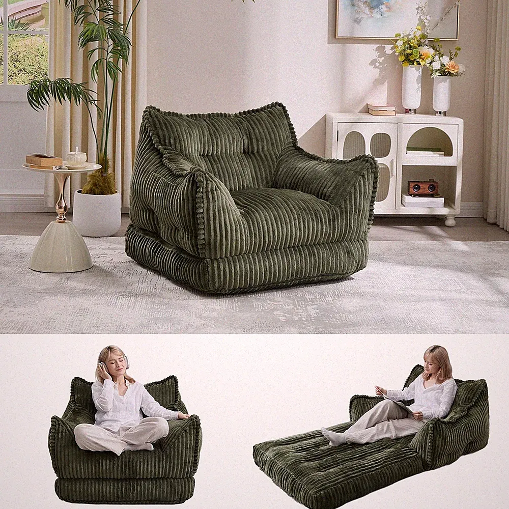 Green Corduroy 2 In 1 Folding Sofa Bed Convertible Lounger For Adults