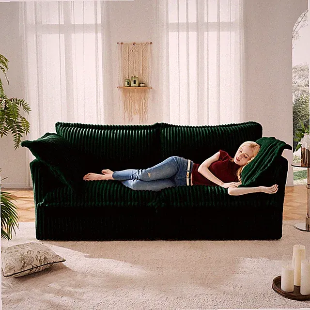 Green Corduroy 2-Seater Sofa for Small Spaces, Deep Seat, Removable Cover