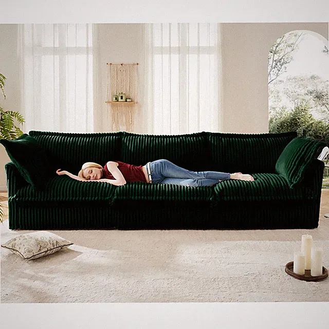Green Corduroy 3-Seat Sofa with Removable Covers & Deep Seat