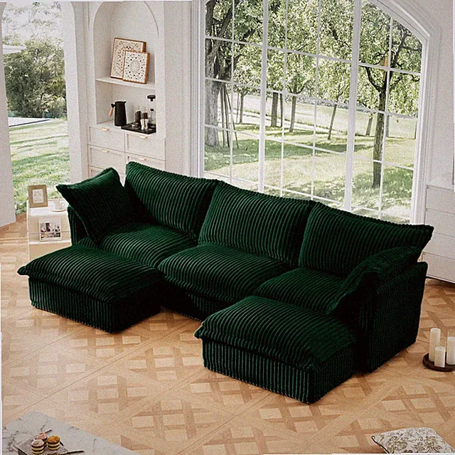 Green Corduroy 3-Seat U-Shape Sectional Sofa with Removable Slipcover
