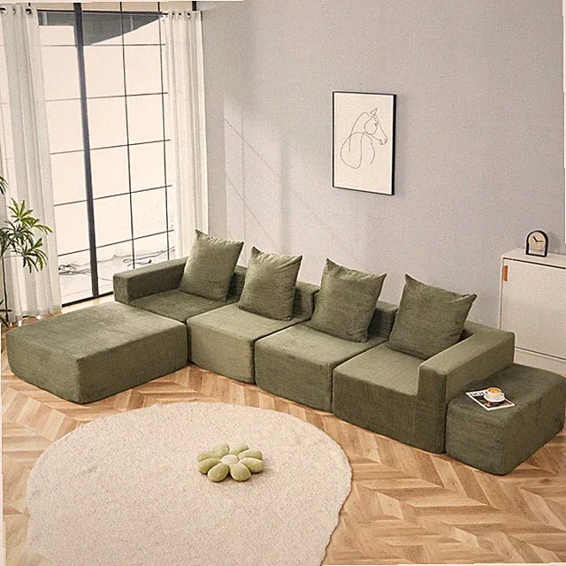 Green Corduroy 4-Seat Modular Sofa w/ Chaise & Ottomans for Small Spaces Living