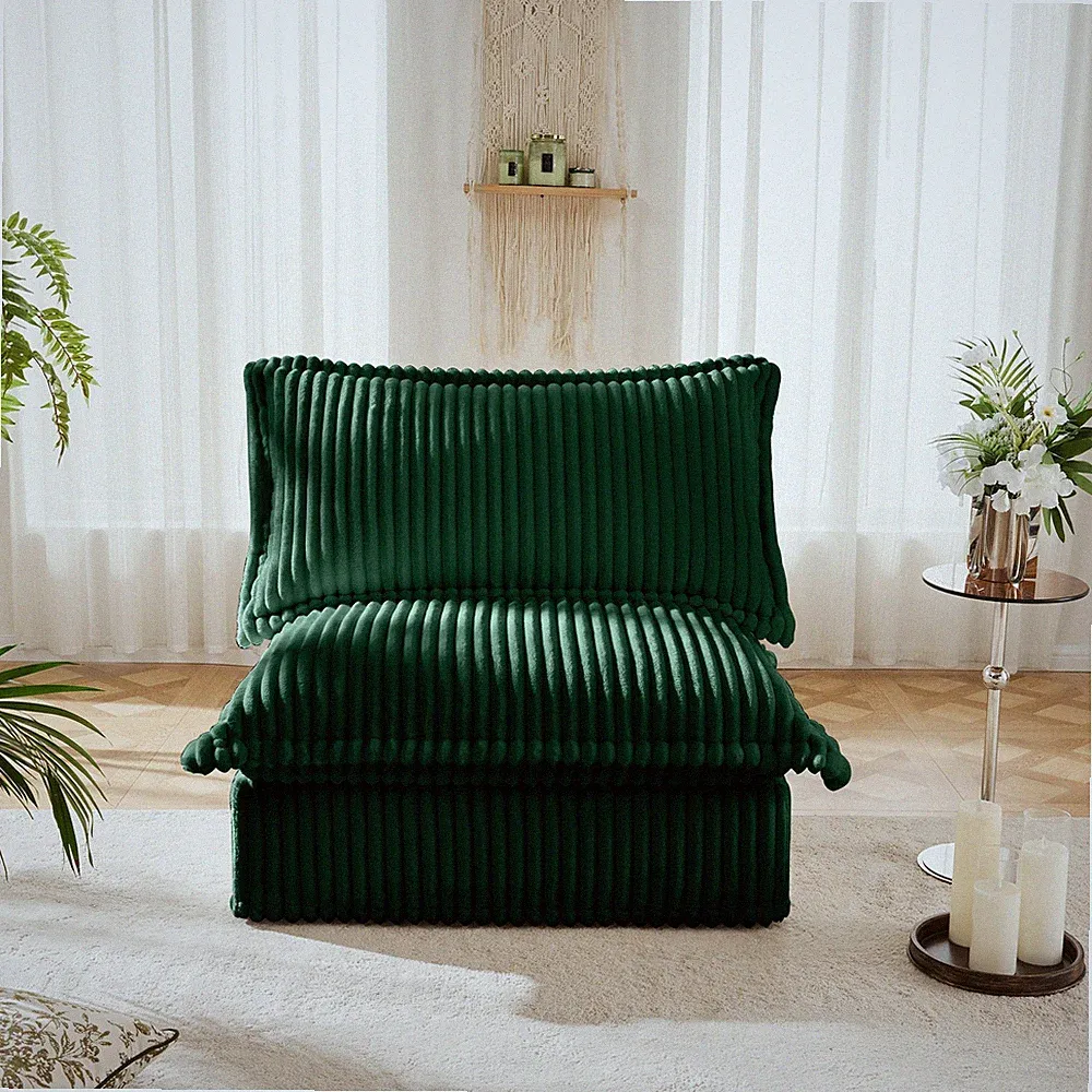 Green Corduroy Armless Chaise Lounge, 1-Seat Modern Sectional Sofa