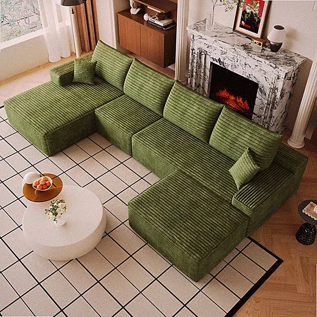 Green Corduroy Cloud Sectional Sofa 135" U-Shaped Deep Seat Couch Living Room