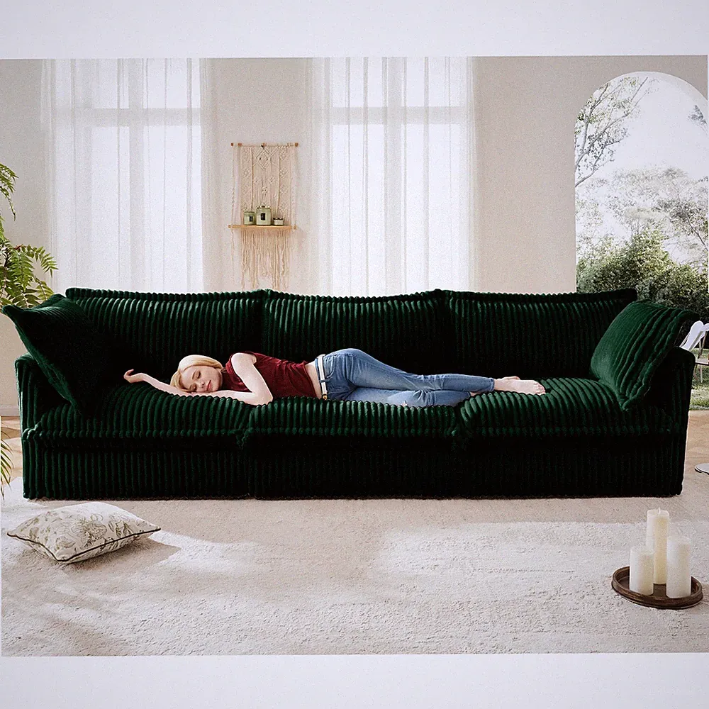 Green Corduroy Convertible 3-Seat Modular Sectional Sofa w/Removable Cover