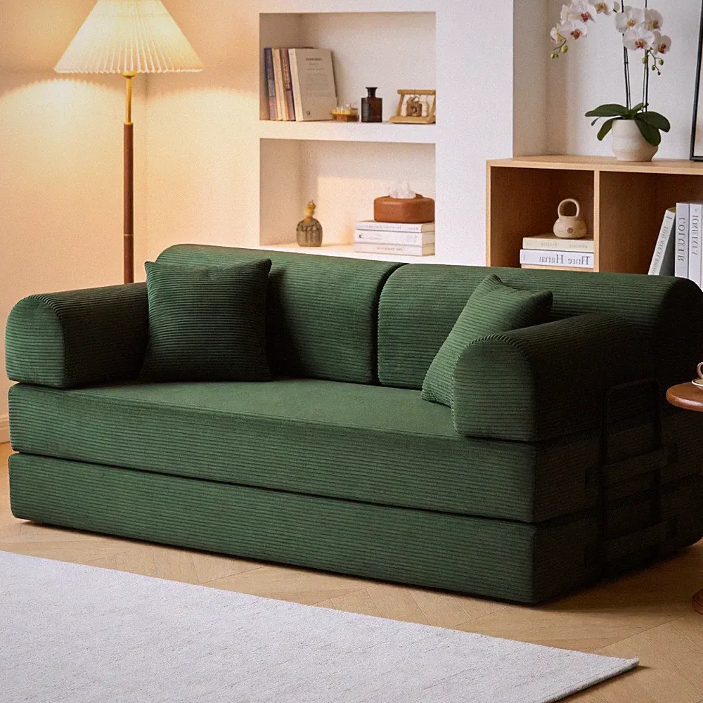 Green Corduroy Convertible Sleeper Sofa Bed Fixed Frame Floor Couch