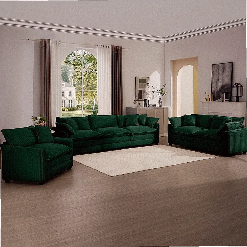 Green Corduroy Deep Seat Sectional Sofa w/ Recliner & Chaise