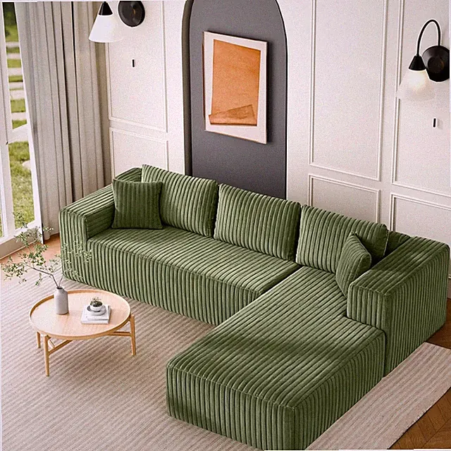 Green Corduroy Modular Sectional Sofa with Left Chaise and Pillows, 106