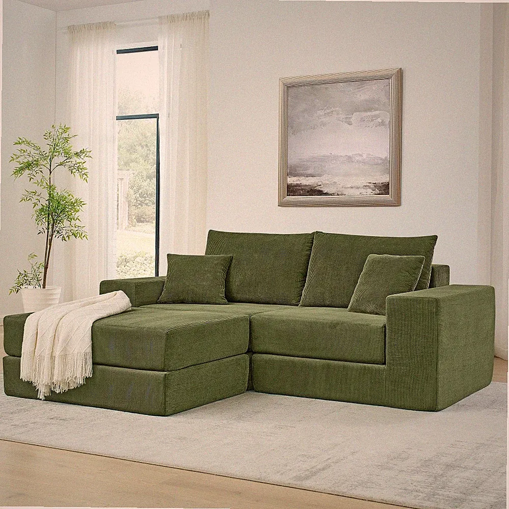 Green Corduroy Sectional L Shaped Sleeper 3-Seat Sofa & Ottoman