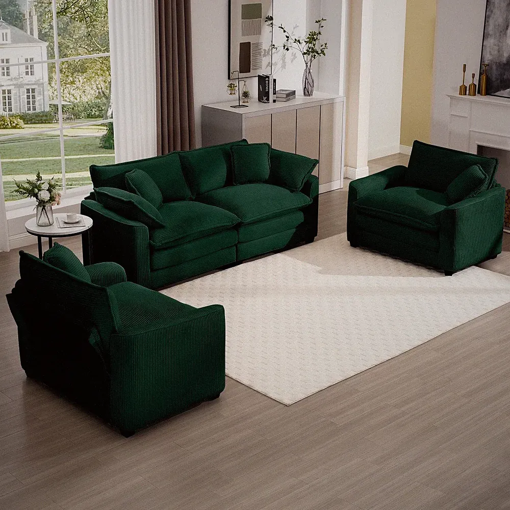 Green Corduroy Sectional Sofa 2-Seater + 2 Singles, Home Theater Style
