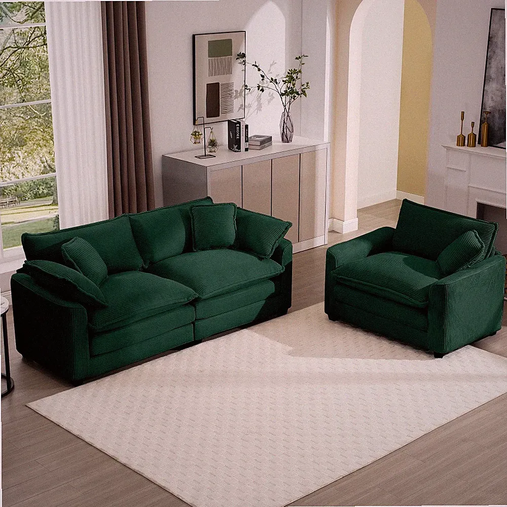 Green Corduroy Sectional Sofa, 3-Seater & Loveseat Set for Living Room & Bedroom