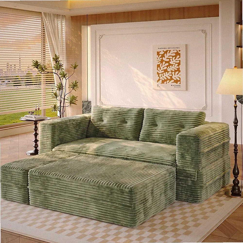 Green Corduroy Sectional Sofa Bed Convertible Sleeper w/ Chaise & Blanket 80"