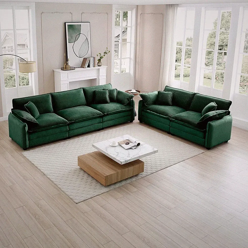 Green Corduroy Sectional Sofa Set, 5 Seat Sofa for Living Room & Home Theater