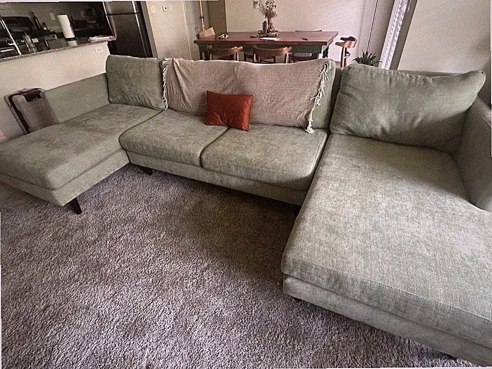 Green Fabric Sectional Sofa, Double Chaise L/R, Track Arms, 4 Seat
