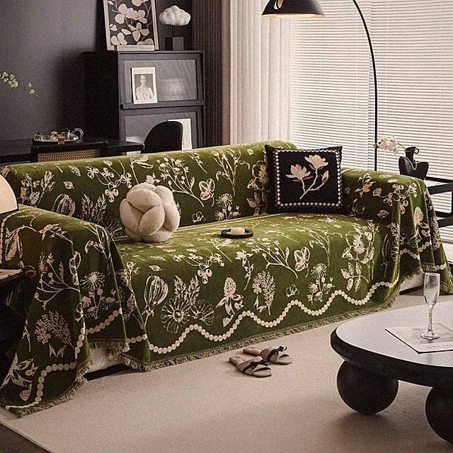 Green Floral Couch Cover Farmhouse Botanical Jacquard Sofa Covers for 3 Cushion