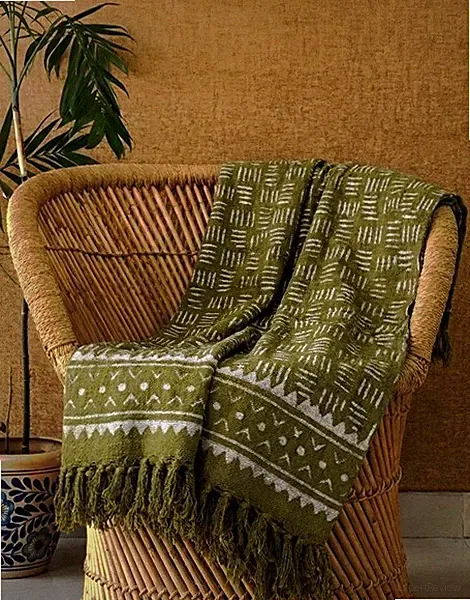 Green Hand Block Printed Throw Blanket Bohemian Mud Cloth Indian Sofa Bed Throw