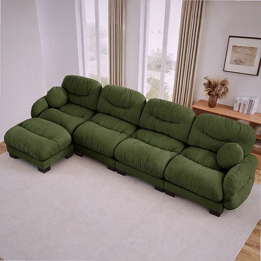 Green L-Shape Sectional Sofa 4 Seater w/ Ottoman, Modular Chenille