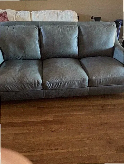 Green Leather Couch with Wooden legs and matching Love Seat