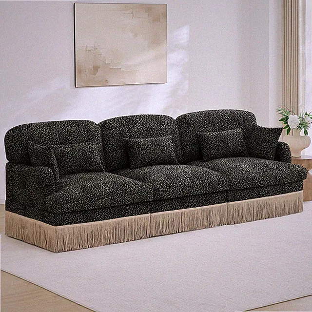 Green Leopard Chenille 3-Seater Modular Sectional Sofa w/ Tassel Trim