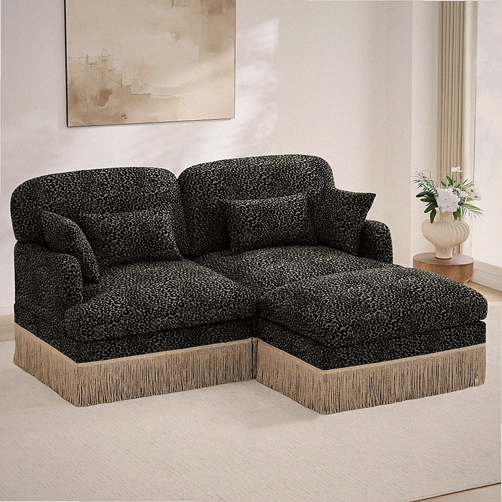 Green Leopard Print Chenille Sectional Sofa with Movable Ottoman, 72in