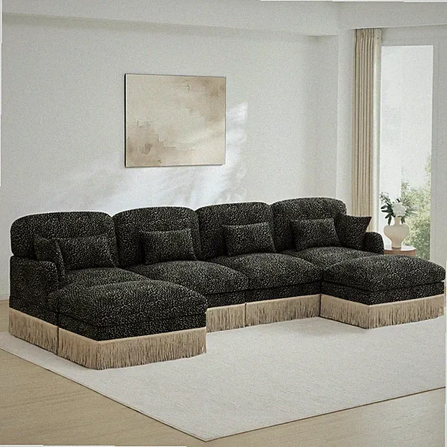 Green Leopard Print Chenille U-Shaped Sectional Sofa w/ Ottomans