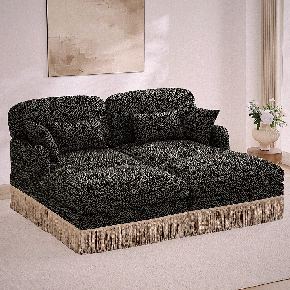 Comfy Chenille Leopard Print Loveseat Sofa Deep Seat Sofa Couch with Ottoman