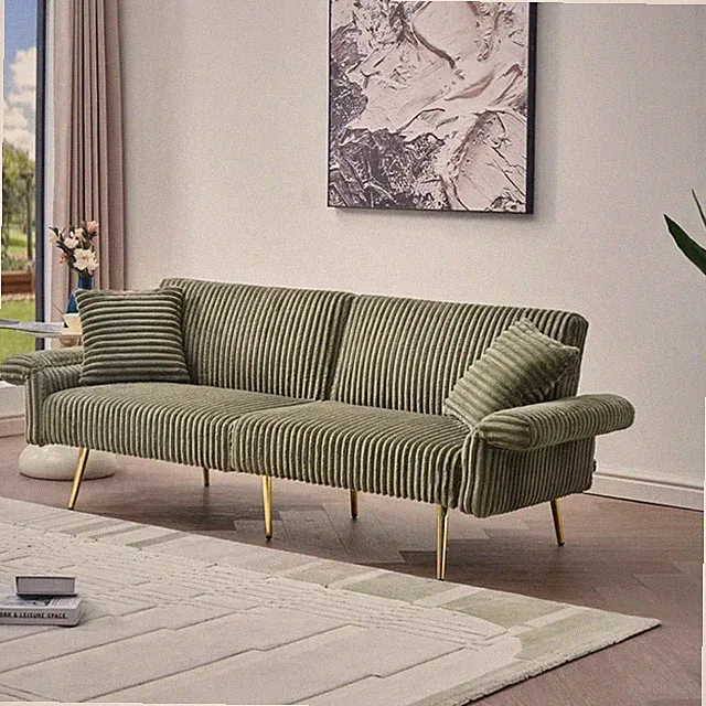Green Modern 79-Inch Comfy Corduroy Sofa Futon Bed And Pillows With Gold Legs