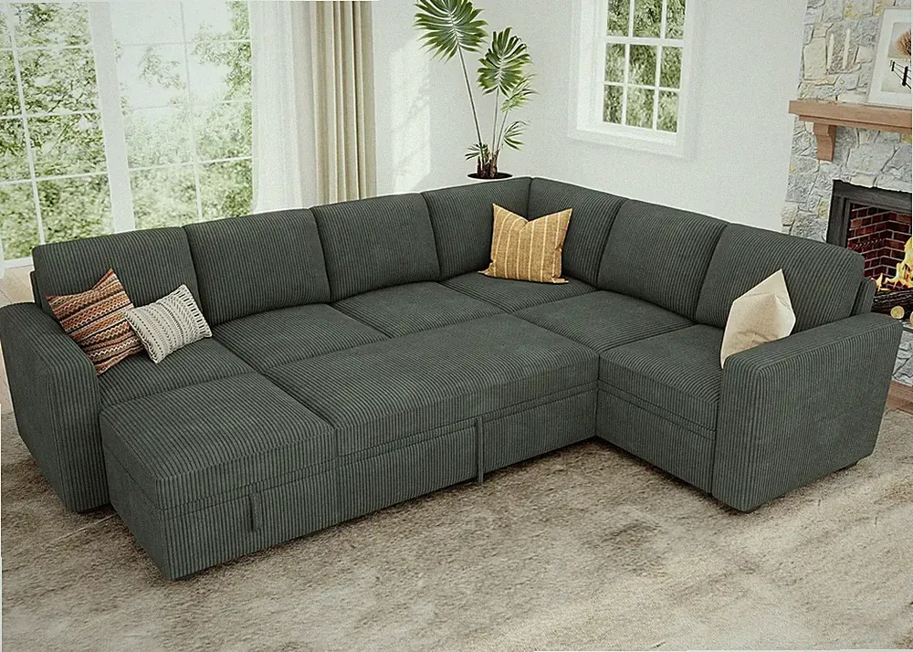 Green Modular Sectional Sleeper Sofa with Storage Ottoman for Living Room
