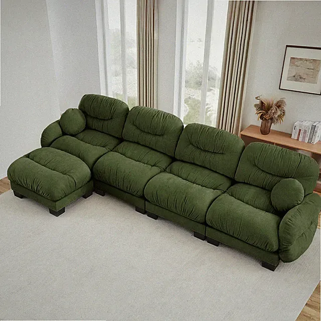 Green Pleated Chenille 4-Seat Sectional Sofa with Ottoman and Pillows