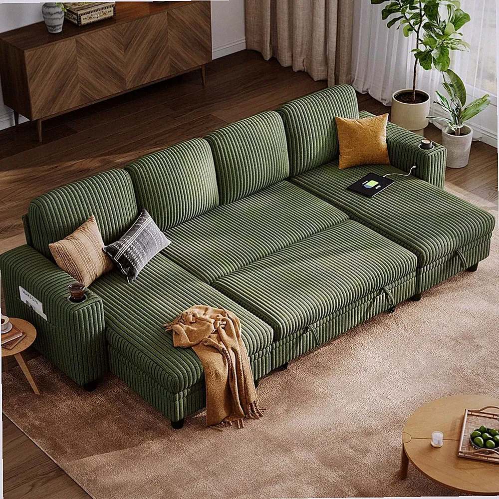 Green Pull Out Sofa Bed Sectional with Storage - U Shaped Convertible Couch