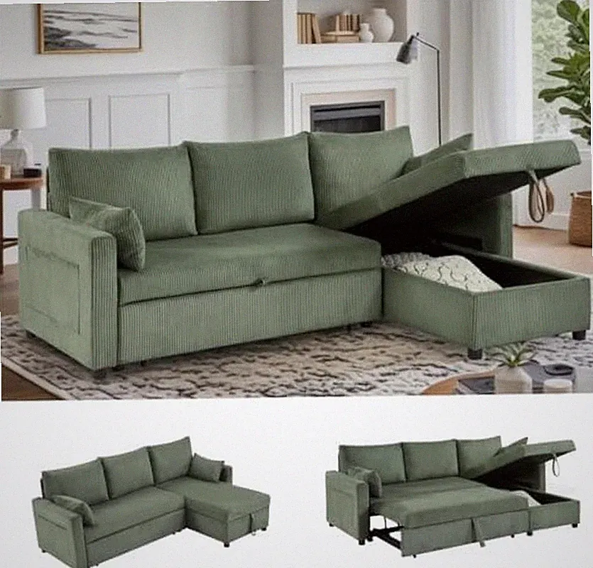 Green Queen Sleeper Sofa Bed with Storage, L-Shaped Sectional Couch, 85 Inch