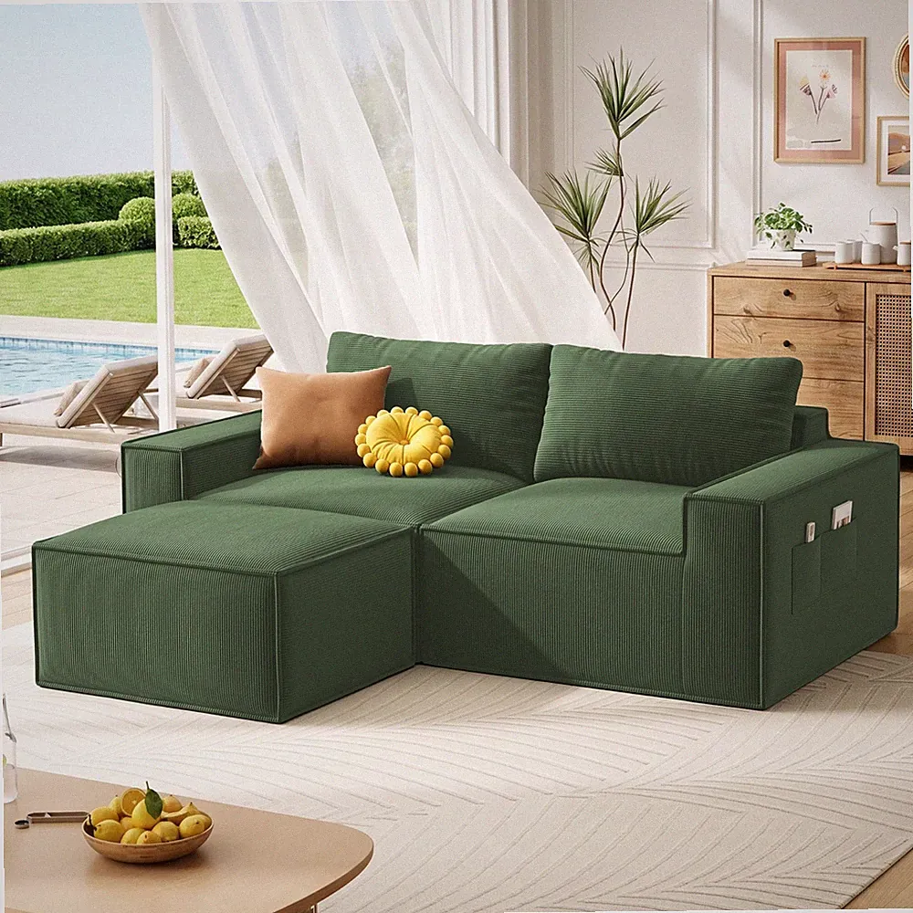 Green Sofa, 80" Boneless Couches with Ottoman for Living Room, Modular Corduroy