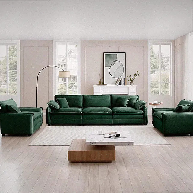 Green Sofa Set 5-Seat Sectional w/ Soft Corduroy Fabric & Pillows
