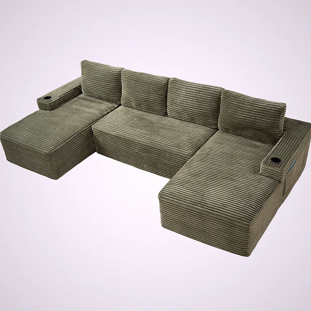 Green U-Shaped Modular Sofa with Cup Holders, Storage Pockets, No Assembly