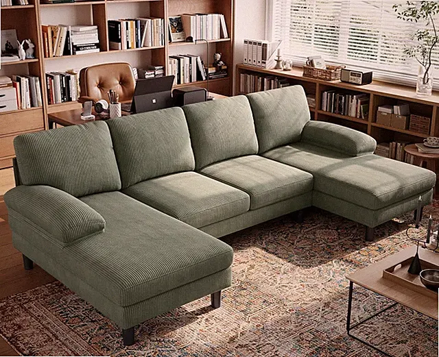 Green U-Shaped Sectional Couch with Sleepable Armrests, 4 Seats, 105'' W