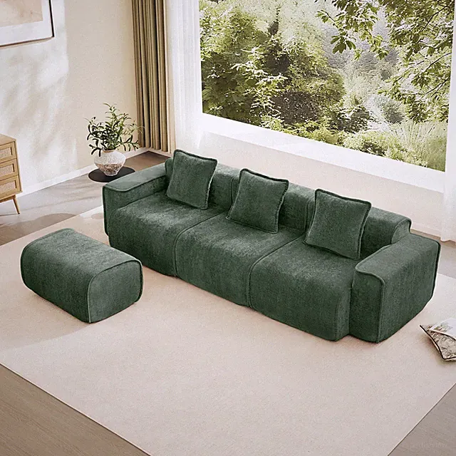 Green Velvet 3 Seat L-Shaped Sectional Sofa with Ottoman, Pre-Assembled