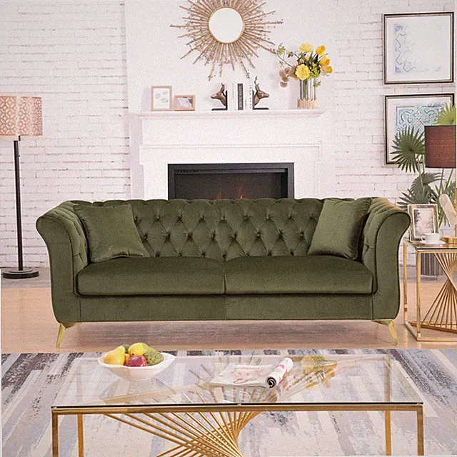 Green Velvet Chesterfield Sofa 87" Tufted Scroll Arm Contemporary 3-Seater