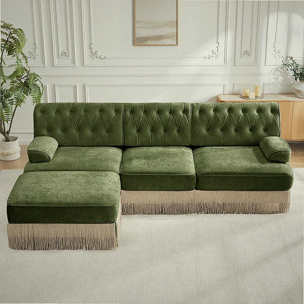 Green Velvet Modular Sectional Sofa 3 Seater w/ Tufted Design