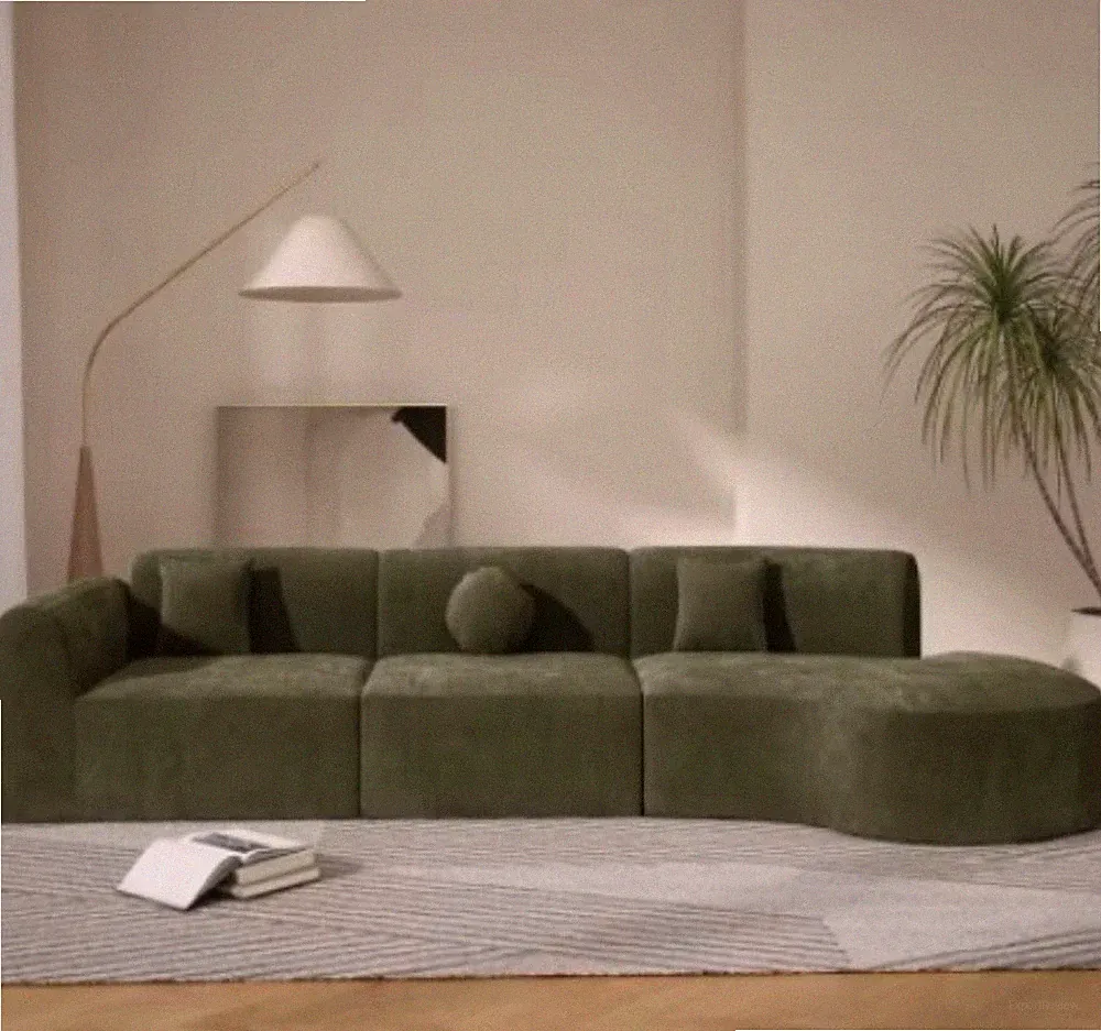 Green Velvet Modular Sectional Sofa w/ Chaise, 4 Seat, Track Arms, Boxed