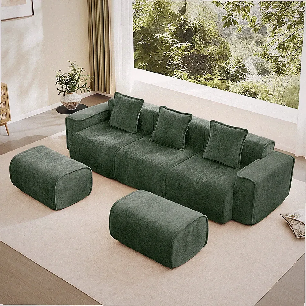 Green Velvet Modular Sectional Sofa w/Ottomans, No Assembly Required