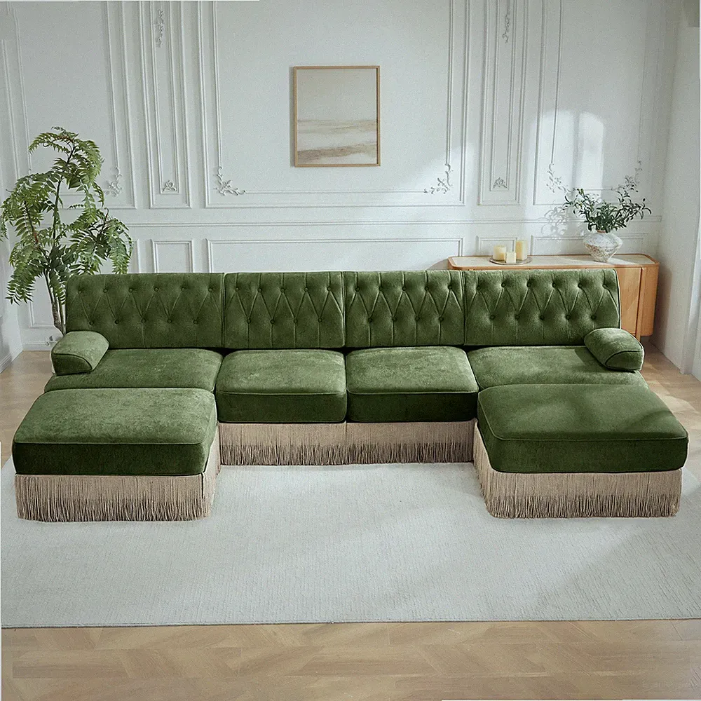 Green Velvet Sectional Sofa with 2 Ottomans, Tassel & Tufted Back