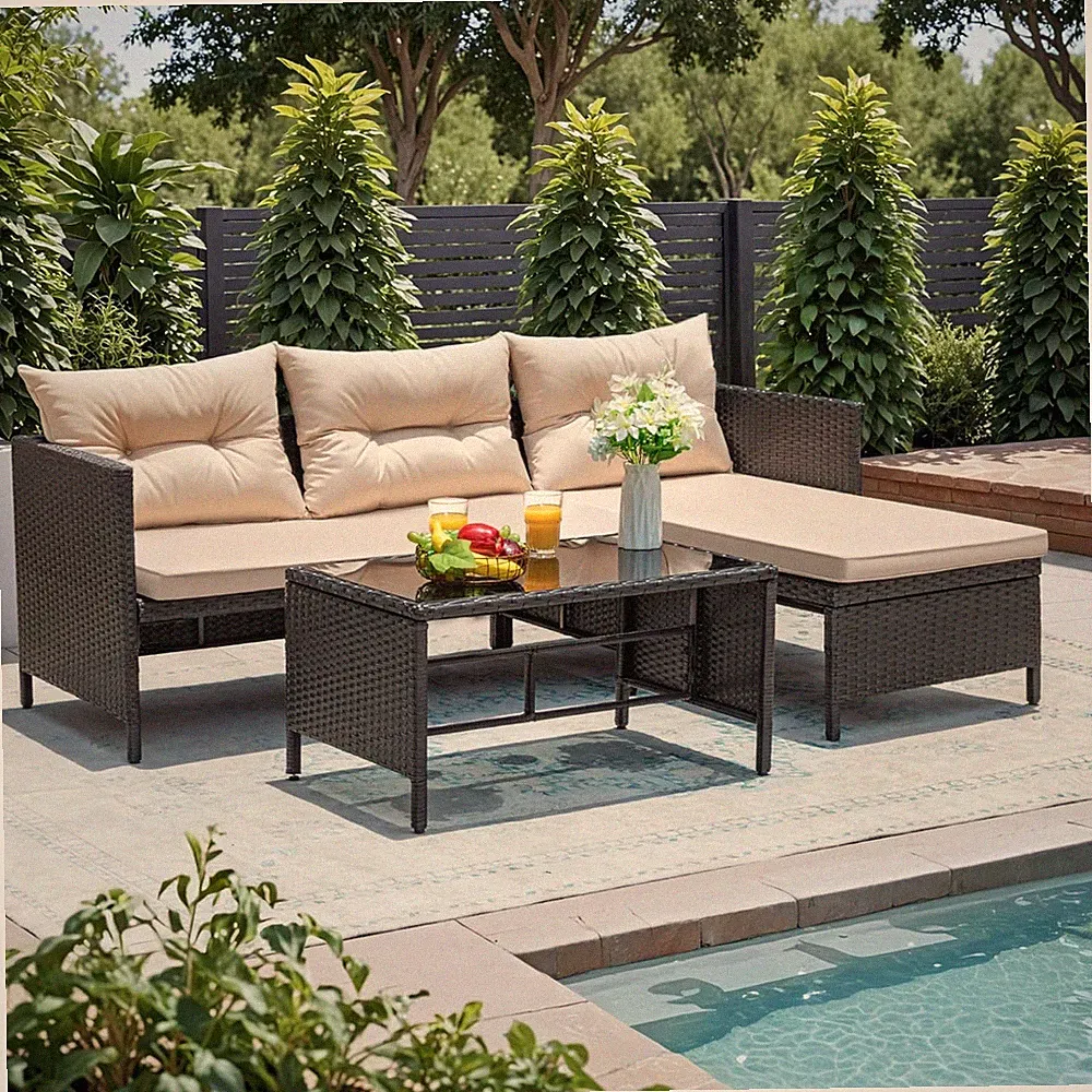 Greesum 3 Piece Patio Furniture Set Outdoor Wicker Rattan Sectional Sofa with Cu